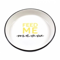DUVO+ Миска для животных керамическая, низкая, "Feed Me Meow", черно-белая, 13,8см (180мл)